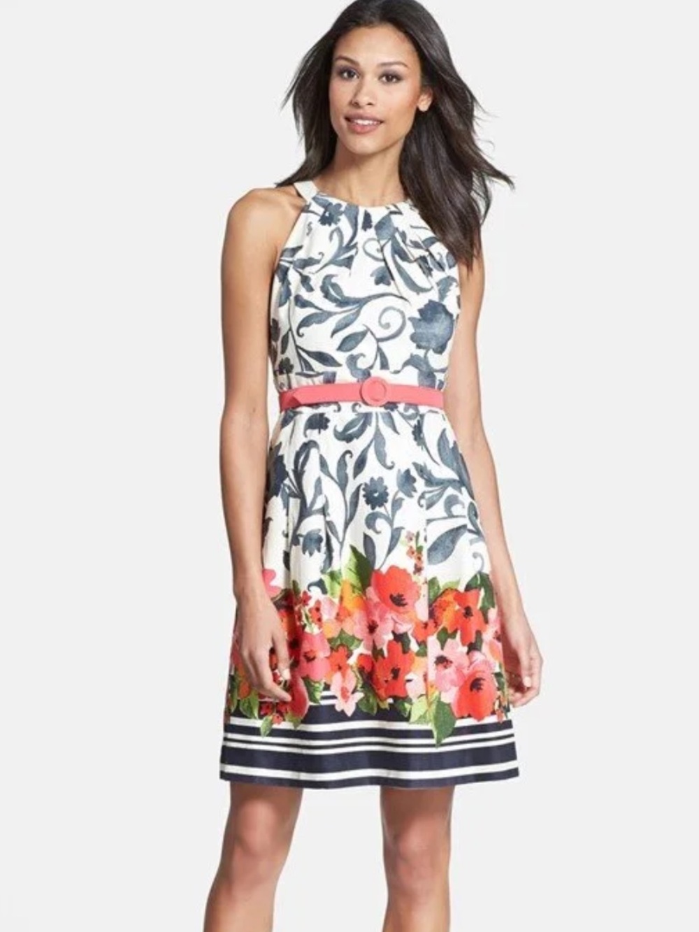 ELIZA J CREAM FLORAL PLEATED HALTER STYLE FIT & FLARE COTTON BLEND DRESS SZ 10